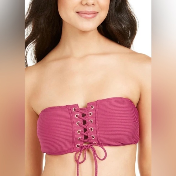 Hula Honey Juniors' Rhythm Rib Lace-Up Bandeau Bikini Top Burgundy-NWT - Picture 1 of 3